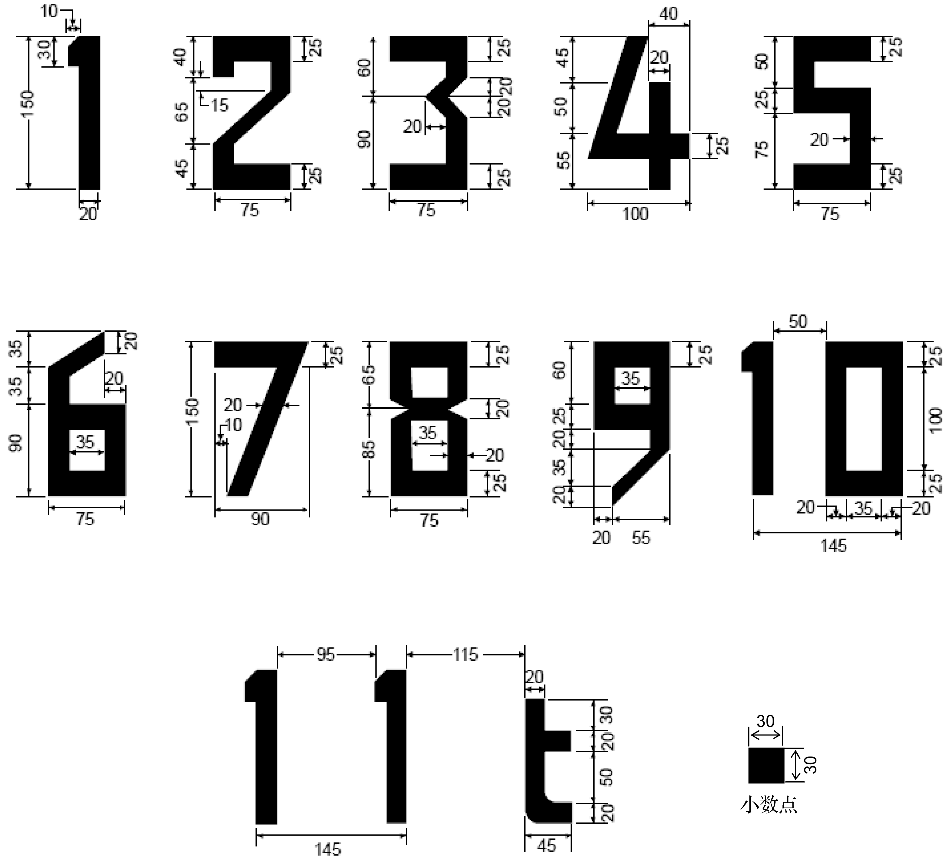 最大允许质量标志上的数字和字母的形状和比例 (单位: cm)